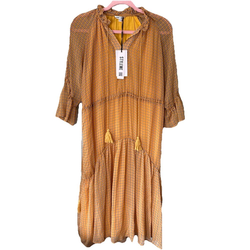 NWT Anne Chen x Stylewe Yellow Boho Tiered Midi Dress Sz L Peasant Bell Sleeve